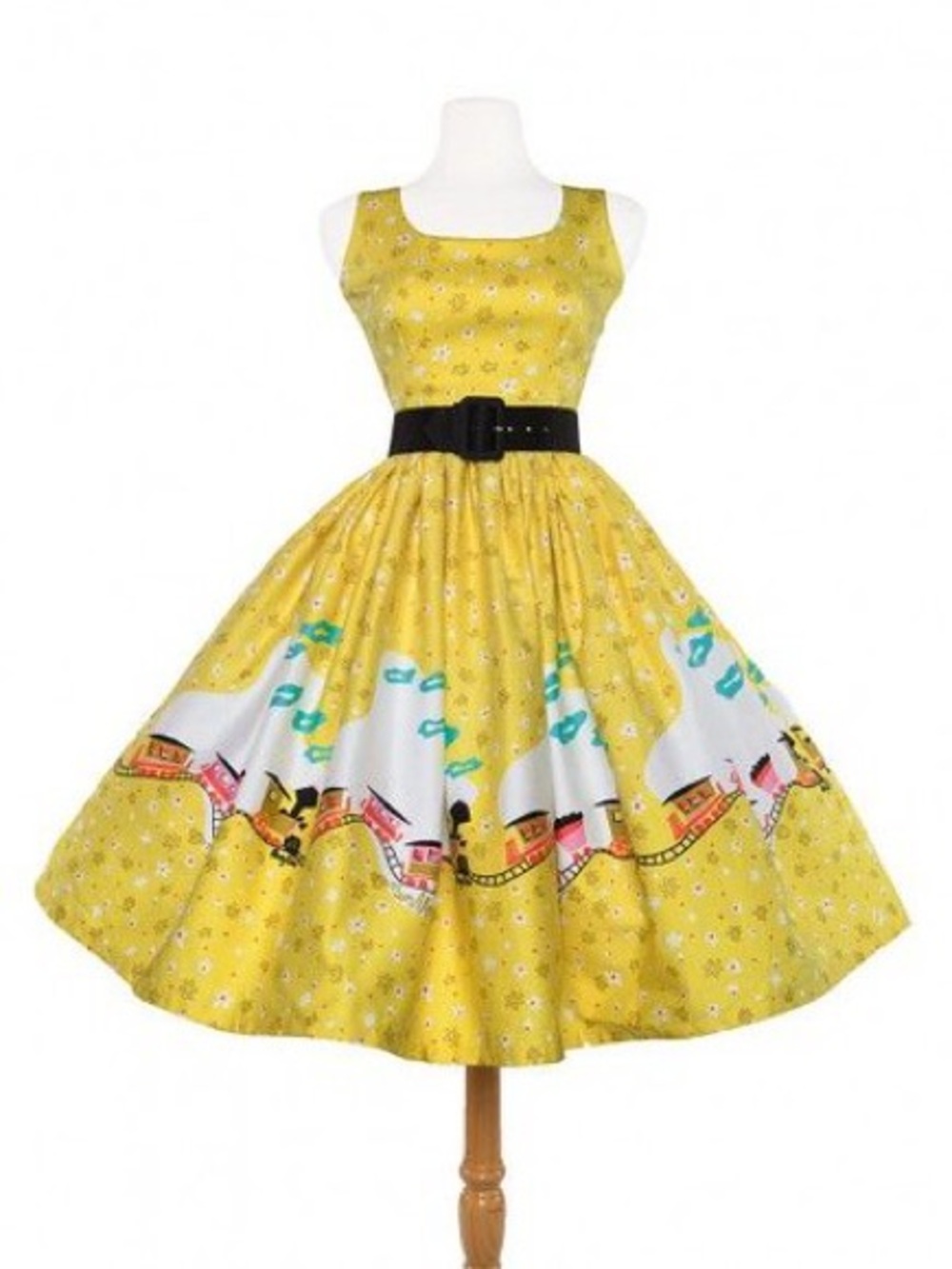 Pinup Girl Clothing Mary Blair Trains Dress in Yellow XL